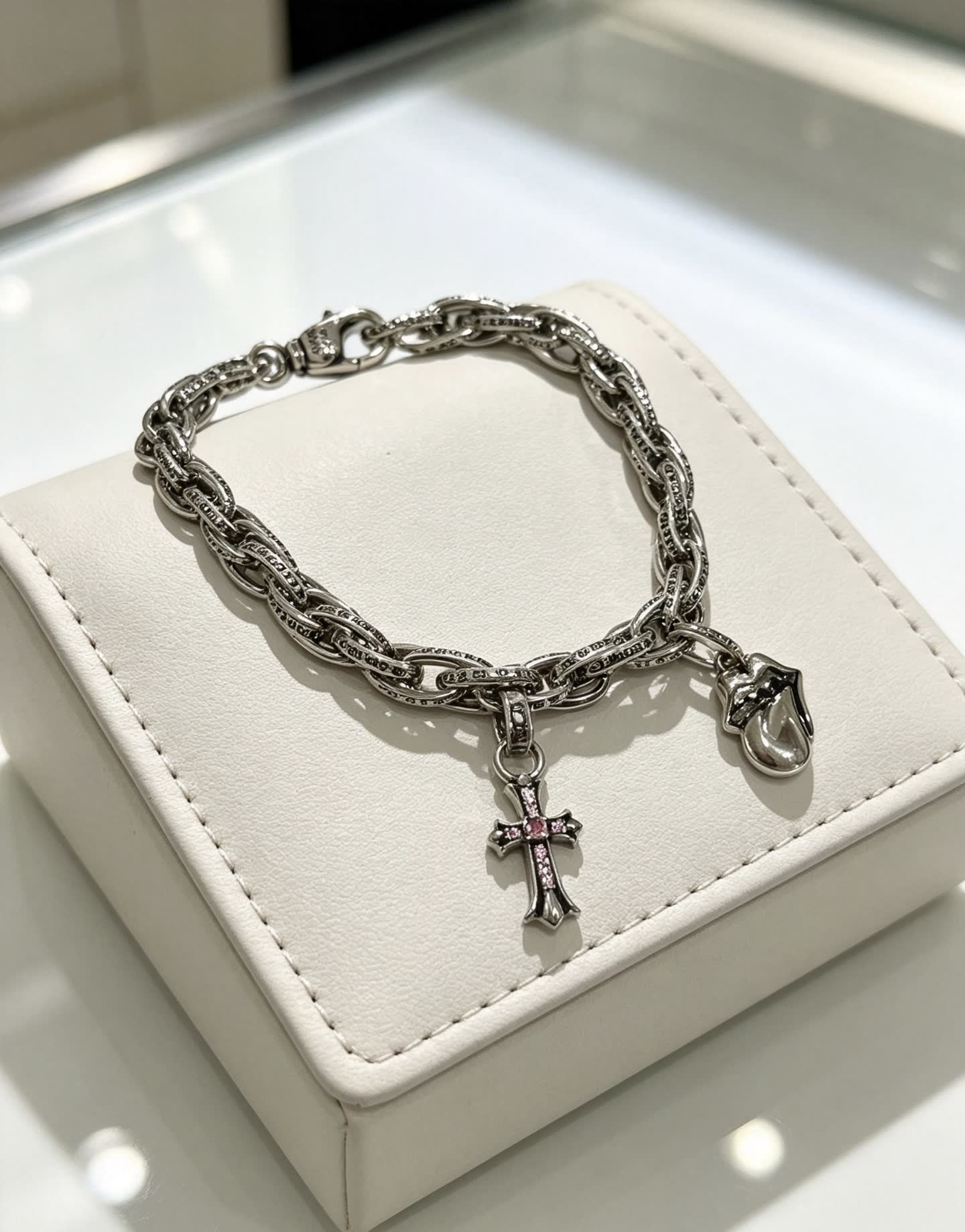 Chrome Hearts Silver Cross Charm Bracelet with Pearl Pendant